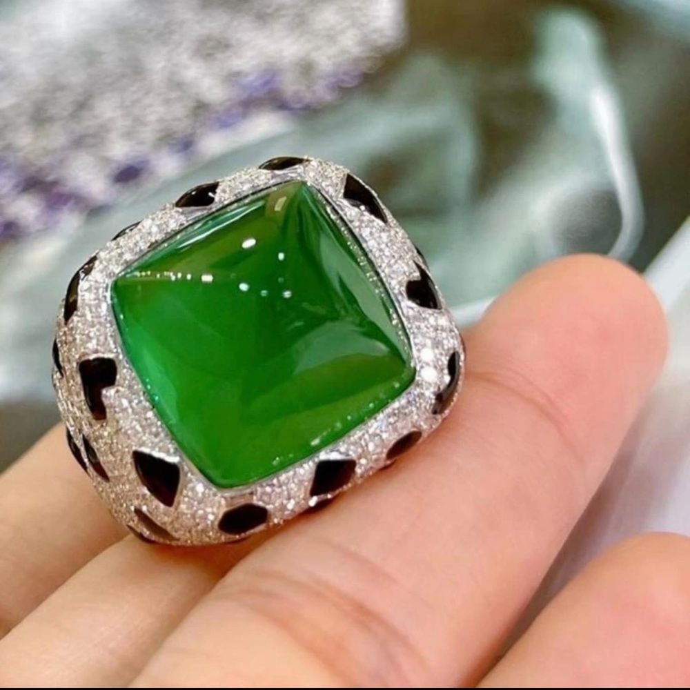 Emerald Green Statement Ring With Pav Silver Band… - image 3